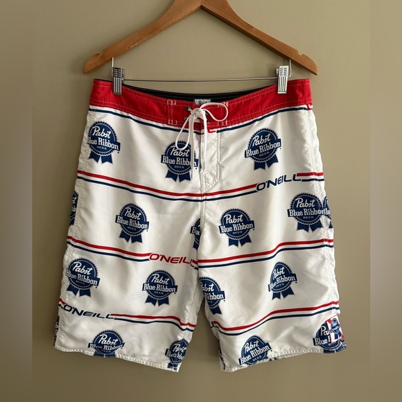 O'Neill White and Blue Pabst Blue Ribbon Logo Board Shorts - Picture 14 of 17